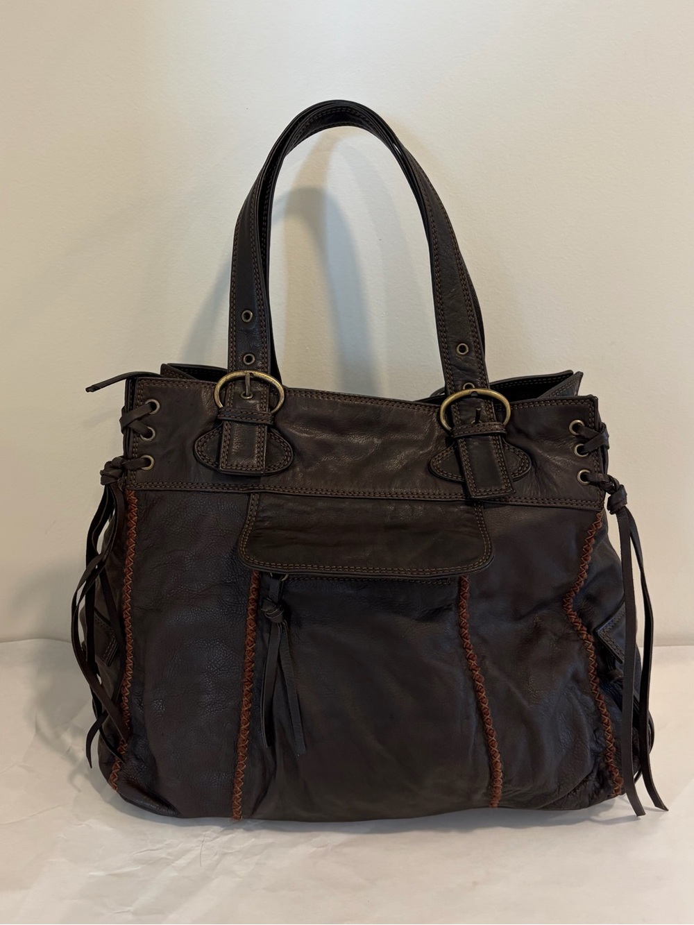 Nicoli Brown italian Leather oversized hobo fringe purse handbag shoulder bag